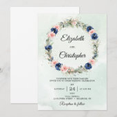 Marine en Blush Bloemen Eucalyptus Krans Trouwen Kaart (Voorkant / Achterkant)