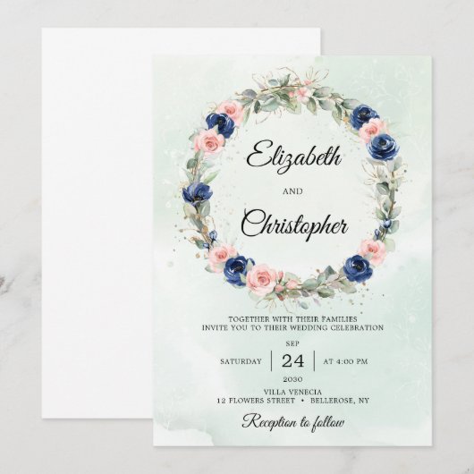 Marine en Blush Bloemen Eucalyptus Krans Trouwen Kaart (Voorkant / Achterkant)