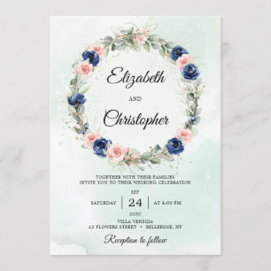 Marine en Blush Bloemen Eucalyptus Krans Trouwen Kaart