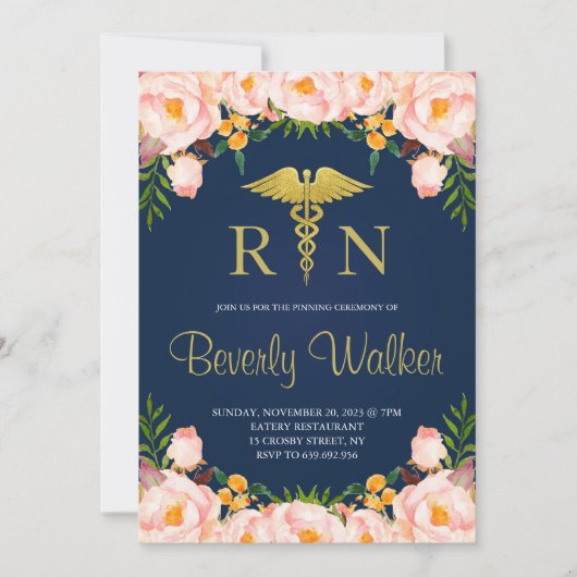 Marine en Blush Bloemen Verpleegster Pinning Cerem Kaart (Voorkant)