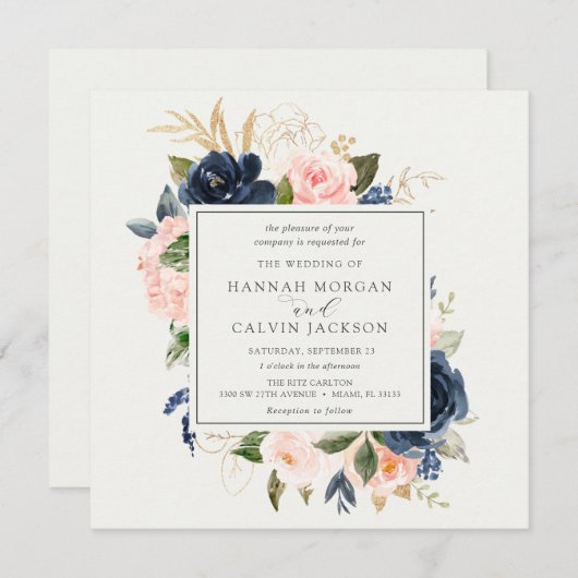 Marine en Blush Florals Bruiloft Kaart (Voorkant / Achterkant)