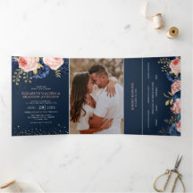 Marine en Blush Roze Bloemen Elegante Trouwdrie-Vo
