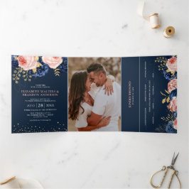 Marine en Blush Roze Bloemen Elegante Trouwdrie-Vo Drieluik Uitnodiging