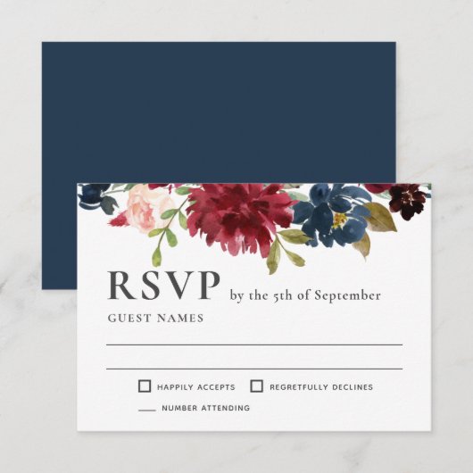 Marine en Bourgondië Elegant Bloemen Bruiloft RSVP (Voorkant / Achterkant)