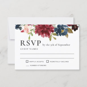 Marine en Bourgondië Elegant Bloemen Bruiloft RSVP Kaartje