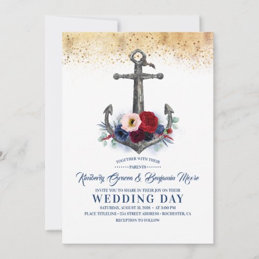 Marine en Bourgondië Floral Anker nautische bruilo Kaart (Voorkant)