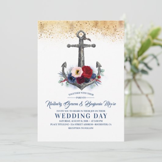 Marine en Bourgondië Floral Anker nautische bruilo Kaart (Staand voorkant)