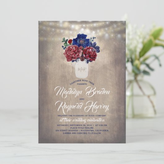 Marine en Bourgondië Floral Mason Jar Rustieke bru Kaart (Staand voorkant)