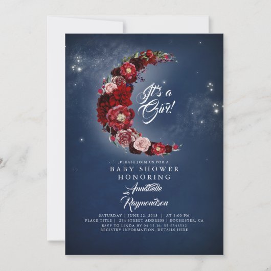 Marine en Bourgondië Floral Moon Baby shower Kaart (Voorkant)