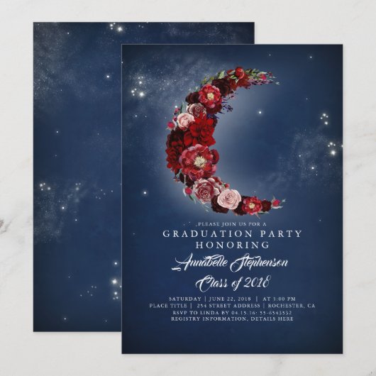 Marine en Bourgondië | Floral Moon Graduation Part Kaart (Voorkant / Achterkant)