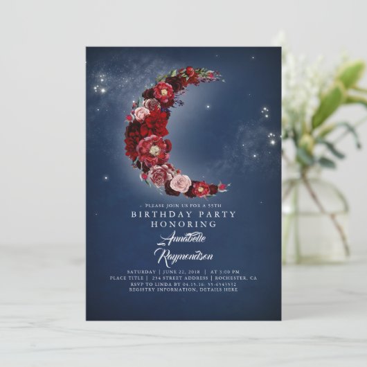 Marine en Bourgondië Floral Moon Verjaardagsfeest Kaart (Staand voorkant)