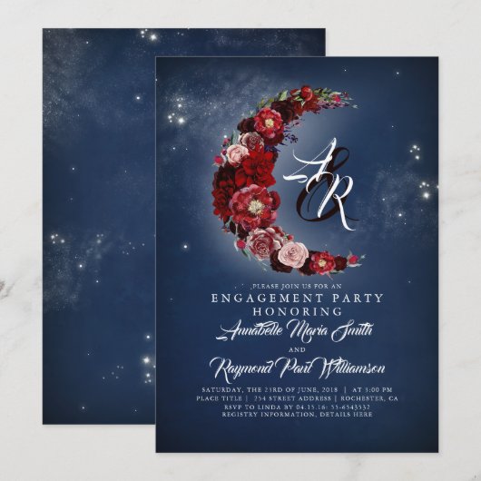 Marine en Bourgondië Floral Moon verlovingsfeest Kaart (Voorkant / Achterkant)