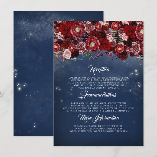 Marine en Bourgondië Floral Wedding Informatie Gas Informatiekaartje (Voorkant / Achterkant)