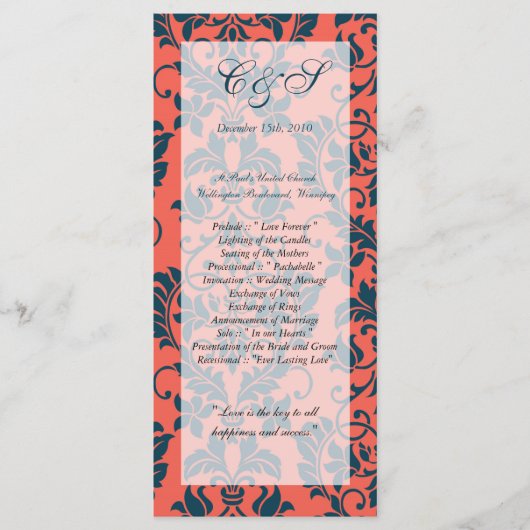 Marine en Coral Damask Wedding Programma's (Voorkant)
