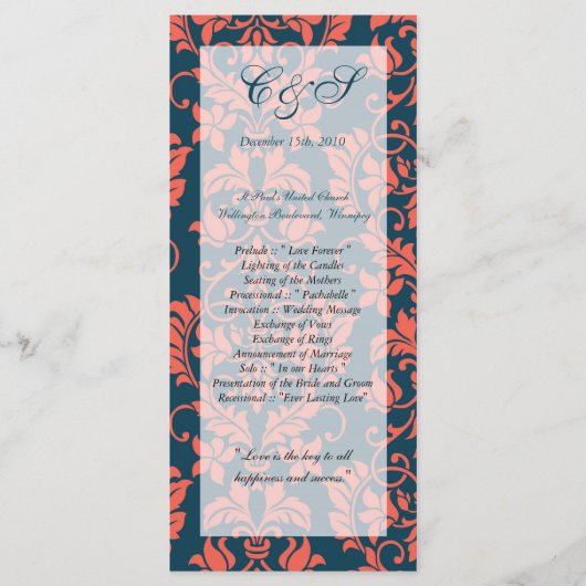 Marine en Coral Damask Wedding Programma's (Voorkant)