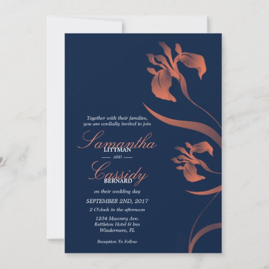 Marine en Coral Iris Bloemen Huwelijksuitnodiging Kaart (Voorkant)