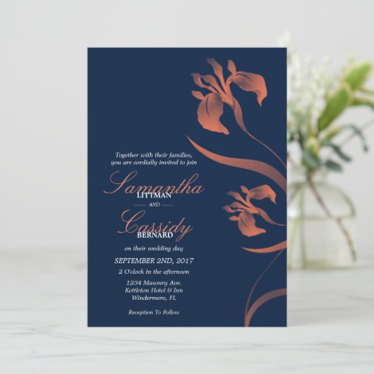 Marine en Coral Iris Bloemen Huwelijksuitnodiging Kaart (Staand voorkant)