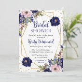 Marine en Crème Bloemen Frame Bruidsdouche Kaart (Staand voorkant)