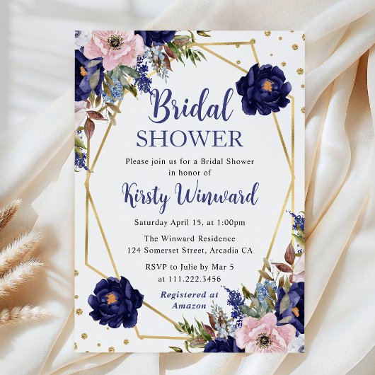 Marine en Crème Bloemen Frame Bruidsdouche Kaart