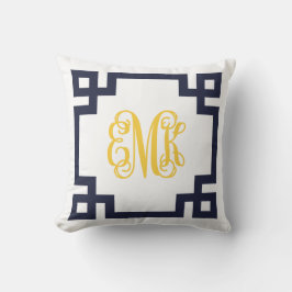 Marine en Geel Grieks Key Script Monogram Kussen