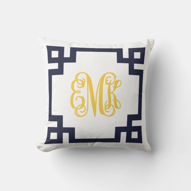 Marine en Geel Grieks Key Script Monogram Kussen (Voorkant)