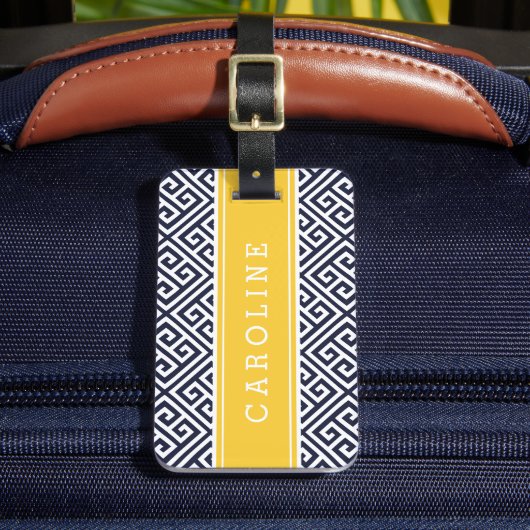 Marine en Geel Grieks Sleutel Aangepast Monogram Bagagelabel (Voorkant Insitu 2)