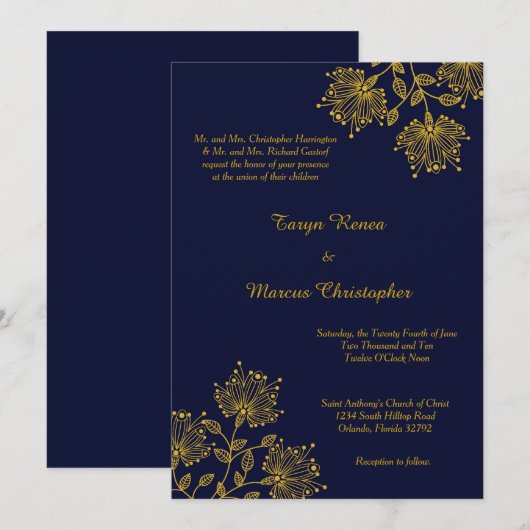 Marine en Gele Bloemen 5x7 Huwelijksuitnodiging Kaart (Voorkant / Achterkant)