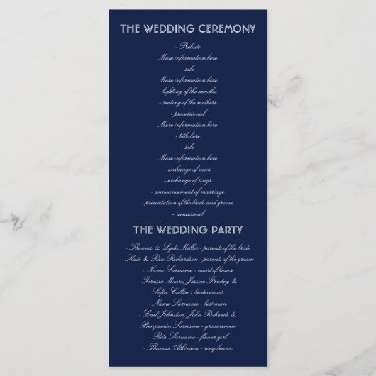 Marine en Gold Shooting Star Night Wedding Program Programmakaart (Achterkant)