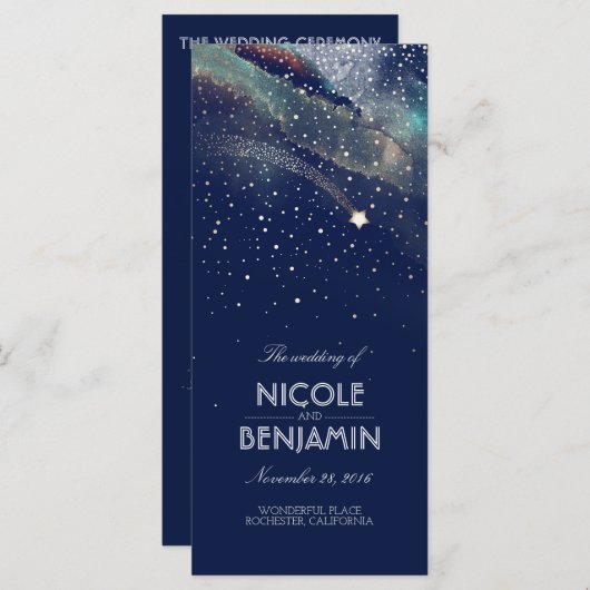 Marine en Gold Shooting Star Night Wedding Program Programmakaart (Voorkant / Achterkant)