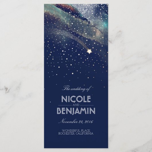 Marine en Gold Shooting Star Night Wedding Program Programmakaart (Voorkant)