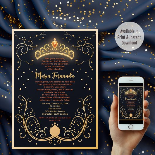 Marine en Goud Bloemen Kroon Quinceañera Party Kaart