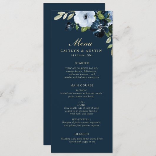 Marine en goud bloemenbruiloft menu (Voorkant / Achterkant)