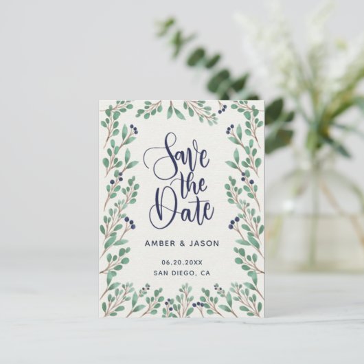 Marine en Goud botanische illustratie Save the Dat Briefkaart (Staand voorkant)