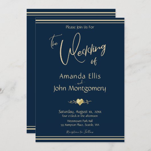 Marine en Goud Elegant Bruiloft Kaart (Voorkant / Achterkant)