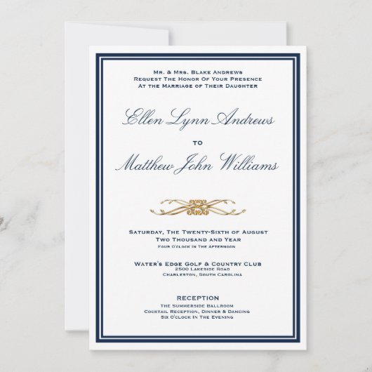Marine en Goud Elegant Minimalistische Bruiloft Kaart (Voorkant)
