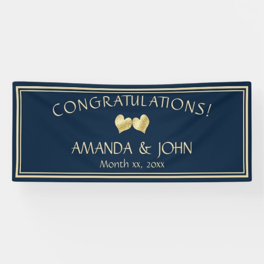 Marine en goud Elegante bruiloft Gefeliciteerd Spandoek (Horizontaal)