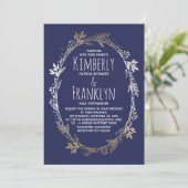 Marine en Goud Floral krans bruiloft Kaart (Staand voorkant)