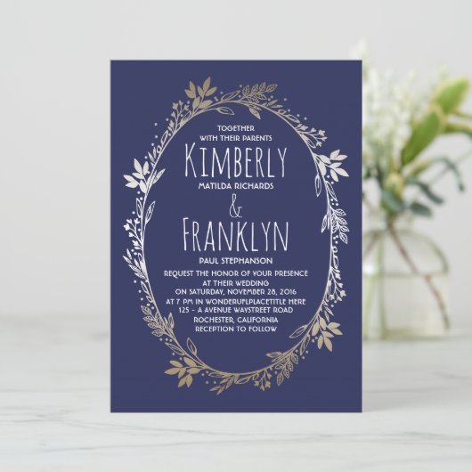 Marine en Goud Floral krans bruiloft Kaart (Staand voorkant)