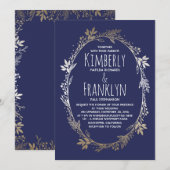 Marine en Goud Floral krans bruiloft Kaart (Voorkant / Achterkant)