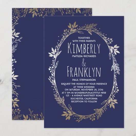 Marine en Goud Floral krans bruiloft Kaart (Voorkant / Achterkant)