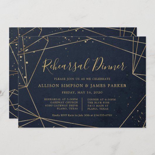 Marine en Goud Geometrisch Elegant Repetitie Diner Kaart (Voorkant / Achterkant)