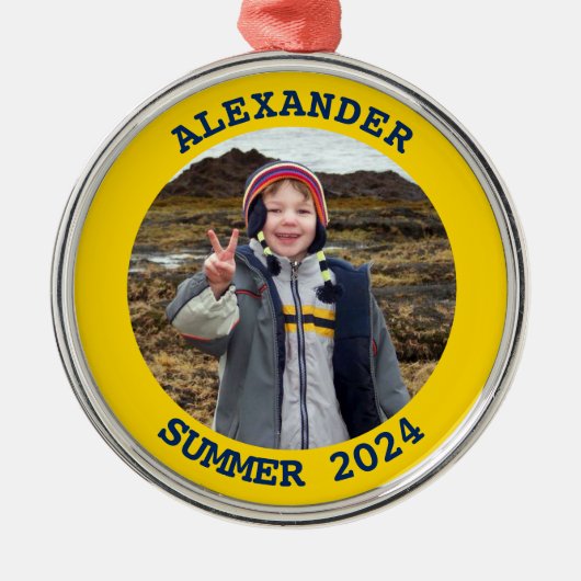 Marine en goud gepersonaliseerde ronde familiefoto metalen ornament (Voorkant)