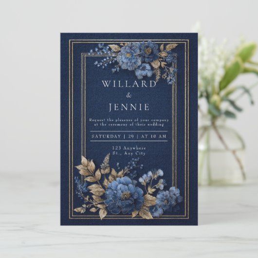 Marine en goud getextureerde bloemenbruiloft kaart (Staand voorkant)