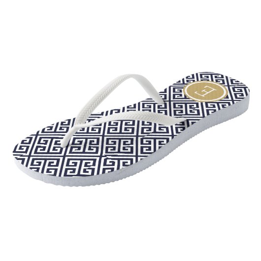 Marine en Goud Griekse Sleutel Monogram Teenslippers (Schuin)