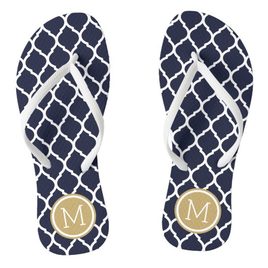 Marine en Goud Marokkaanse Quatrefoil Monogram Teenslippers (Voetbed)