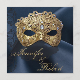 Marine en Goud Masquerade Bruiloft Uitnodiging