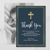 Marine en Goud Moderne Blauwe Doop Foto Bedankkaart (Voorkant / Achterkant)