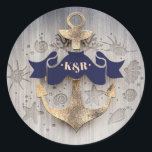 Marine en Goud Nautische Anker Bruiloft Ronde Sticker<br><div class="desc">Gouden anker marine nautische monogram zegels</div>