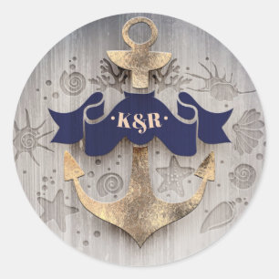 Marine en Goud Nautische Anker Bruiloft Ronde Sticker