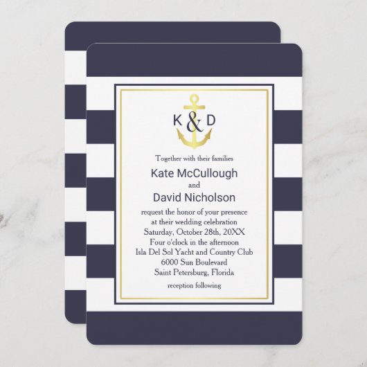 Marine en goud nautische bruiloft uitnodiging (Voorkant / Achterkant)